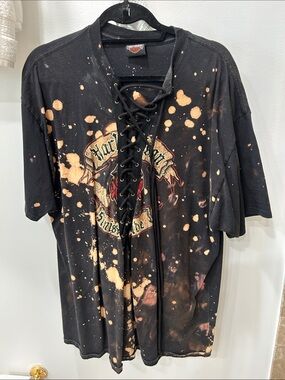 Harley-Davidson Black Lace-Up Short Sleeve Tee dress with Bleach Splatter /